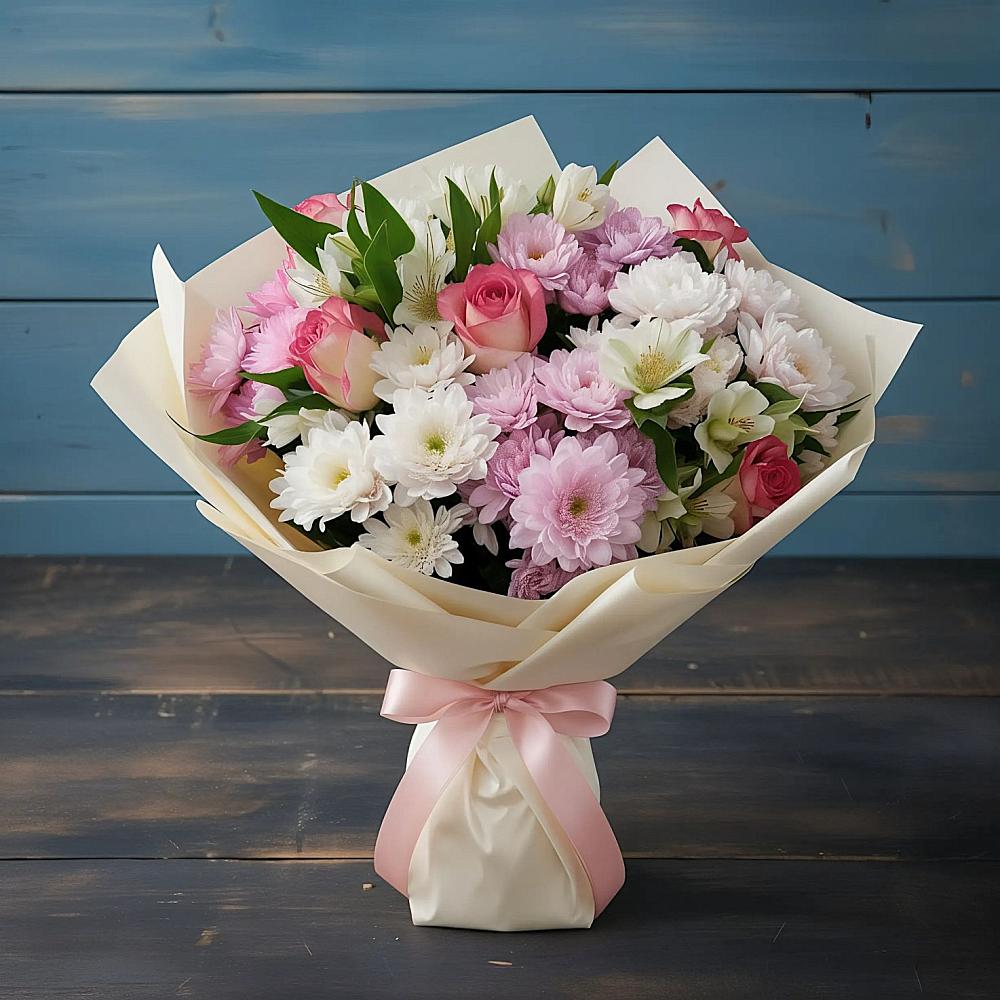 Букет цветов из: Хризантемы, Альстромерии и Розы в Тбилисской